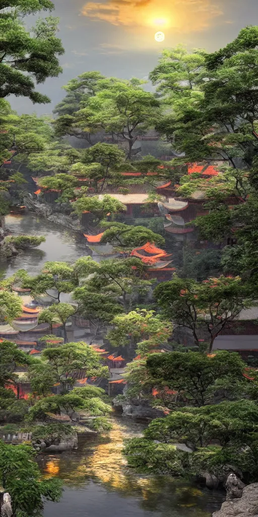 Image similar to A ultra-realistic CG rendering of Ancient China,There is a stream, jiangnan ancient buildings on besides of the stream,in the evening,Orange leaf maple tree, a moon in the sky, 8k,