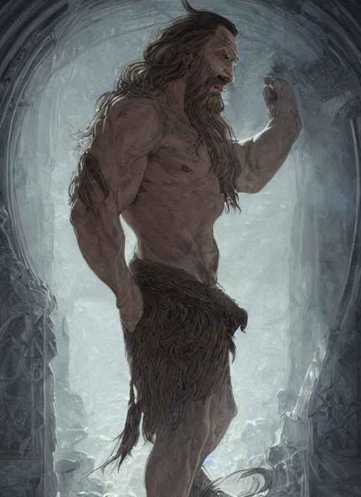 Image similar to portrait of a ruggedly old handsome cleric, soft hair, muscular body, half body, hairy, d & d, fantasy, intricate, elegant, highly detailed, digital painting, artstation, concept art, smooth, sharp focus, illustration, art by artgerm and greg rutkowski and alphonse mucha