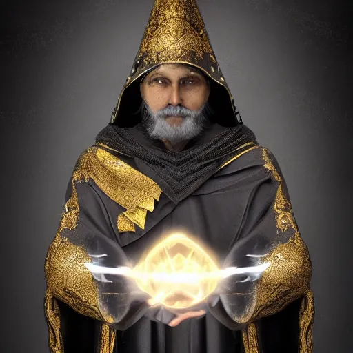 Prompt: an ancient mage, with dark sik and magic fire sparks coming out of his hands, grey black hair, dressed in a very long, black and gold coloured cloak with intricate golden geometric shapes, very real, ultra realistic, photorealistic, 8k, ultra detailed