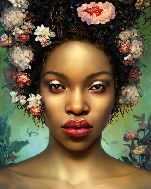 Image similar to portrait of the afro - american queen of the underworld, surrounded by flowers by karol bak, james jean, tom bagshaw, rococo, sharp focus, trending on artstation, cinematic lighting, hyper realism, octane render, 8 k, hyper detailed.