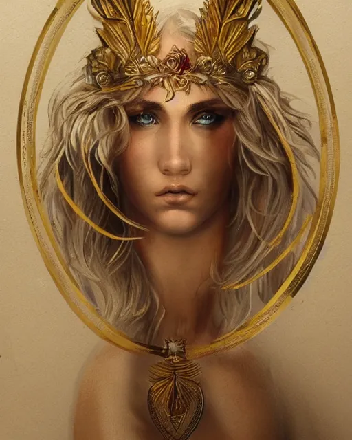 Image similar to front view of beautiful aphrodite greek goddess wearing a gold laurel wreath and triangle earrings, realism tattoo sketch, beautiful piercing eyes with sharp pupils, beautiful blonde hair, in the style of greg rutkowski, fantasy, amazing detail, epic, elegant, smooth, sharp focus