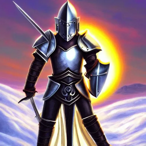 Prompt: paladin wearing silver amour with mirror finish, wielding a longsword that gleams like the sun. he is wearing a teutonic helmet, inside his eyes glow like the sun. background of snowy mountains. fantasy painting.