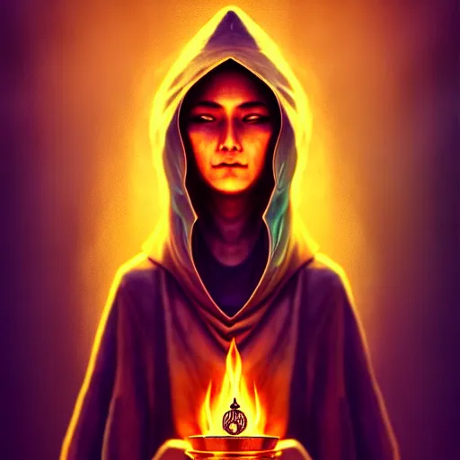 Image similar to ( a priestess with a hood that covers half her face carries an incense burner that emits a pleasantly colored flame. ) by anato finnstark, photorealistic, fullbody portrait, dynamic lighting, beautiful, trending on artstation, wallpaper, 4 k, award winning, digital art, golden hues