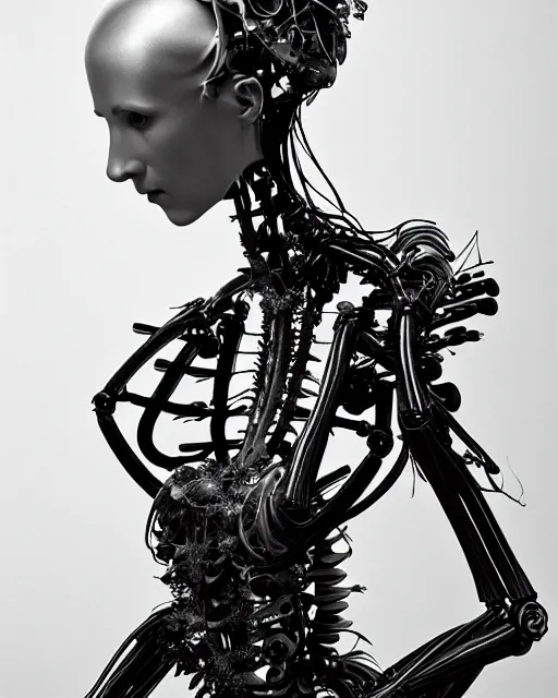 Prompt: a beautiful young female bio - mechanical vegetal robot with long neck, by caravaggio, by h. r. giger, glamor shot, tri - x 4 0 0 tx, closeup, blur effect, high contrast, 1 6 k, rim lights, rembrandt lighting, reflective, insanely detailed and intricate, hypermaximalist, elegant, ornate, hyper realistic,