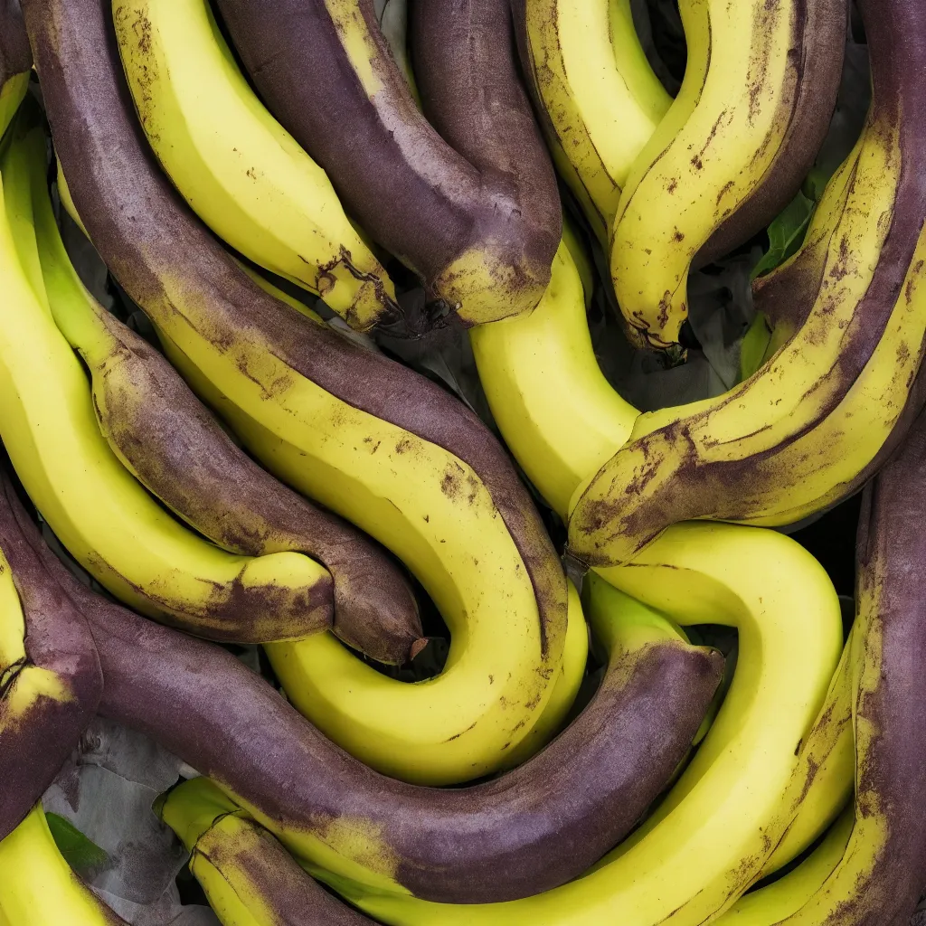 Image similar to very ripe patchwork bananas placed like a complex fractal, cracked, vegetable foliage, art nouveau fractal with petal shape, and stems, mesh roots. closeup, hyper real, food photography, high quality