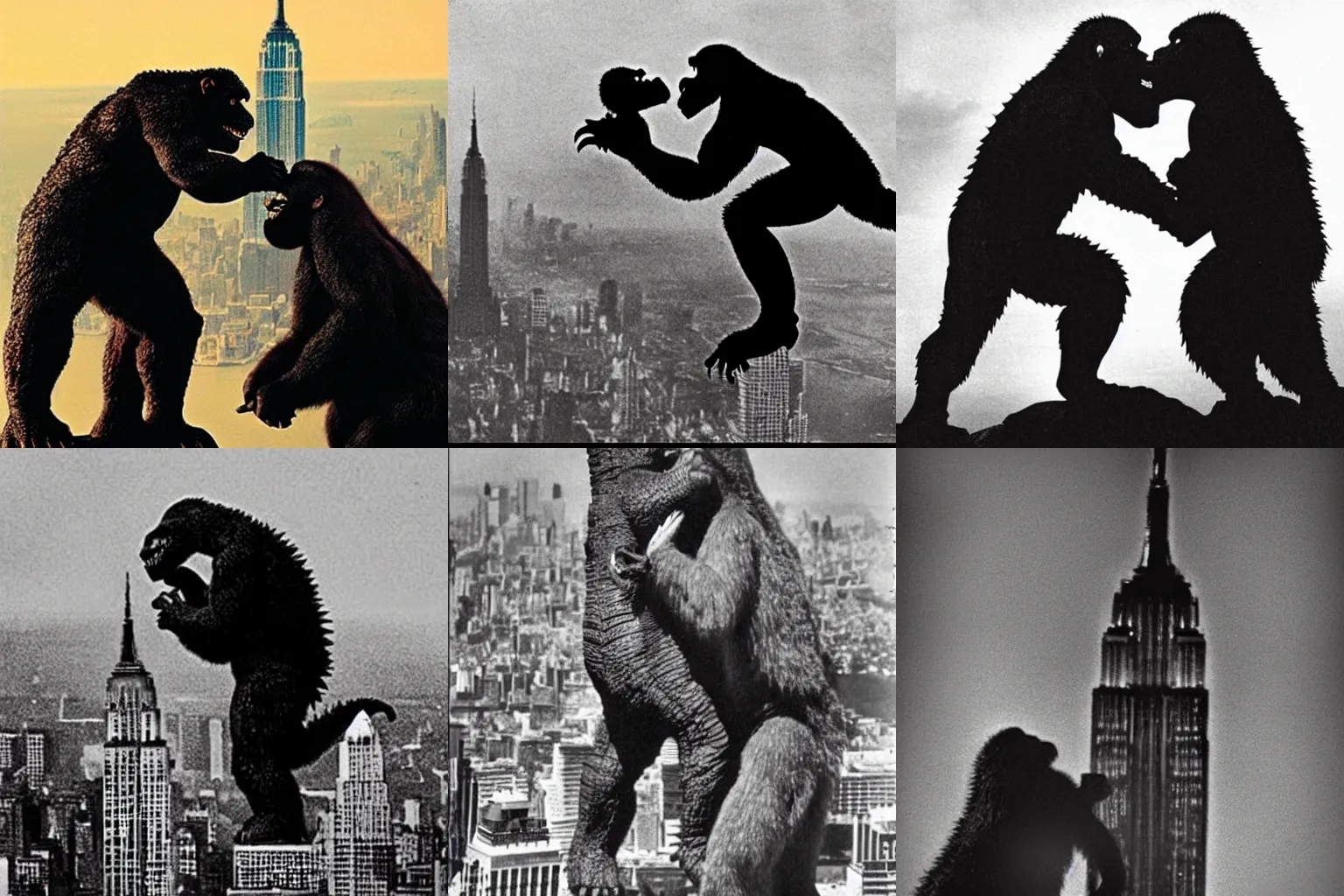 Prompt: Godzilla and King Kong kissing while holding on to the Empire State Building,