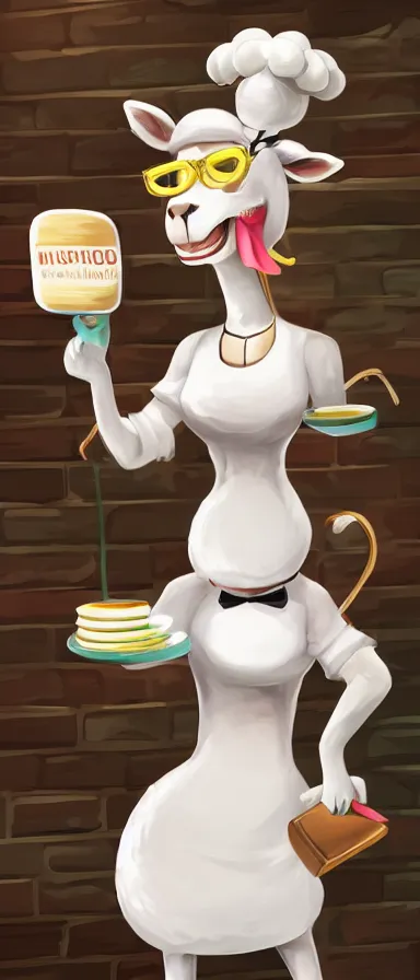 Image similar to beautiful female sheep anthropomorphic working as a waitress, digital art, cartoon, hyper detailed