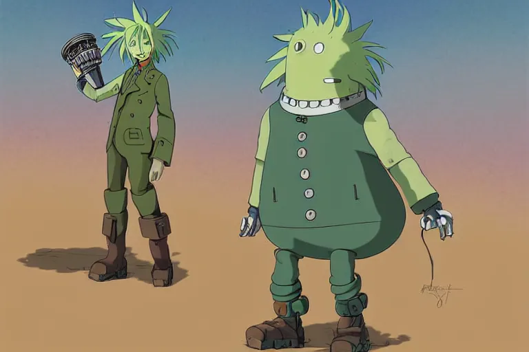 Image similar to a study of a cell shaded cartoon of a mechanized punk with green hair from howl's moving castle ( 2 0 0 4 ), on a desert road, full body, wide shot, very muted colors, post grunge, studio ghibli, laurie greasley, highly detailed, deviantart, art by artgem