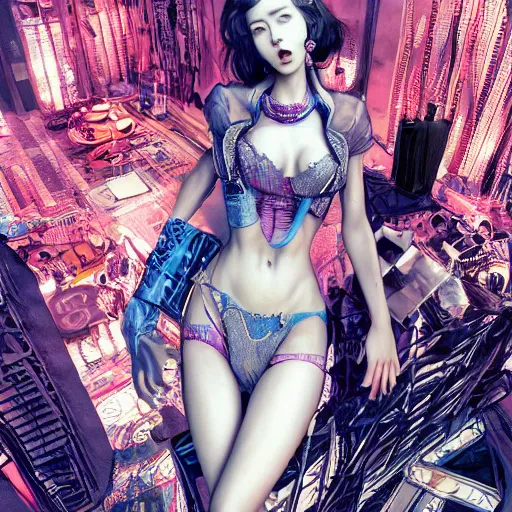 Image similar to the portrait of an absurdly beautiful, graceful, elegant, sophisticated, fashionable cyberpunk gravure idol, an ultrafine hyperdetailed illustration by kim jung gi, irakli nadar, hanna moon, leslie zhang intricate linework, bright colors, collage, porcelain skin, unreal engine 5 highly rendered, cgsociety, global illumination, radiant light, detailed and intricate environment