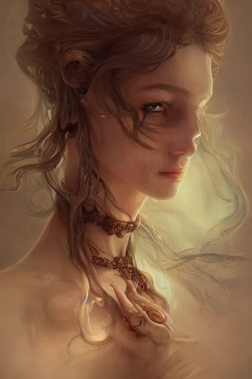 Image similar to up close portrait of a wood fae, d & d, face, fantasy, intricate, elegant, highly detailed, digital painting, artstation, concept art, smooth, sharp focus, illustration, art by artgerm and greg rutkowski and alphonse mucha