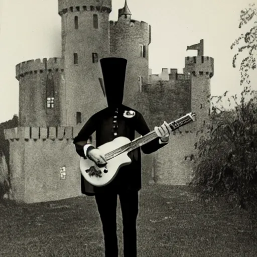 Image similar to vintage photograph of count orlok outside his castle, playing the blues on guitar, castle in the background, 4 k