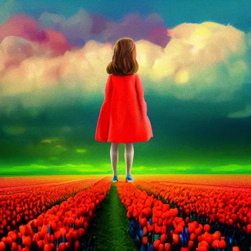 Image similar to girl with singular giant tulip as a head, surreal photography, flower field, sunset dramatic light, impressionist painting, colorful clouds, blue sky, digital painting, artstation, simon stalenhag