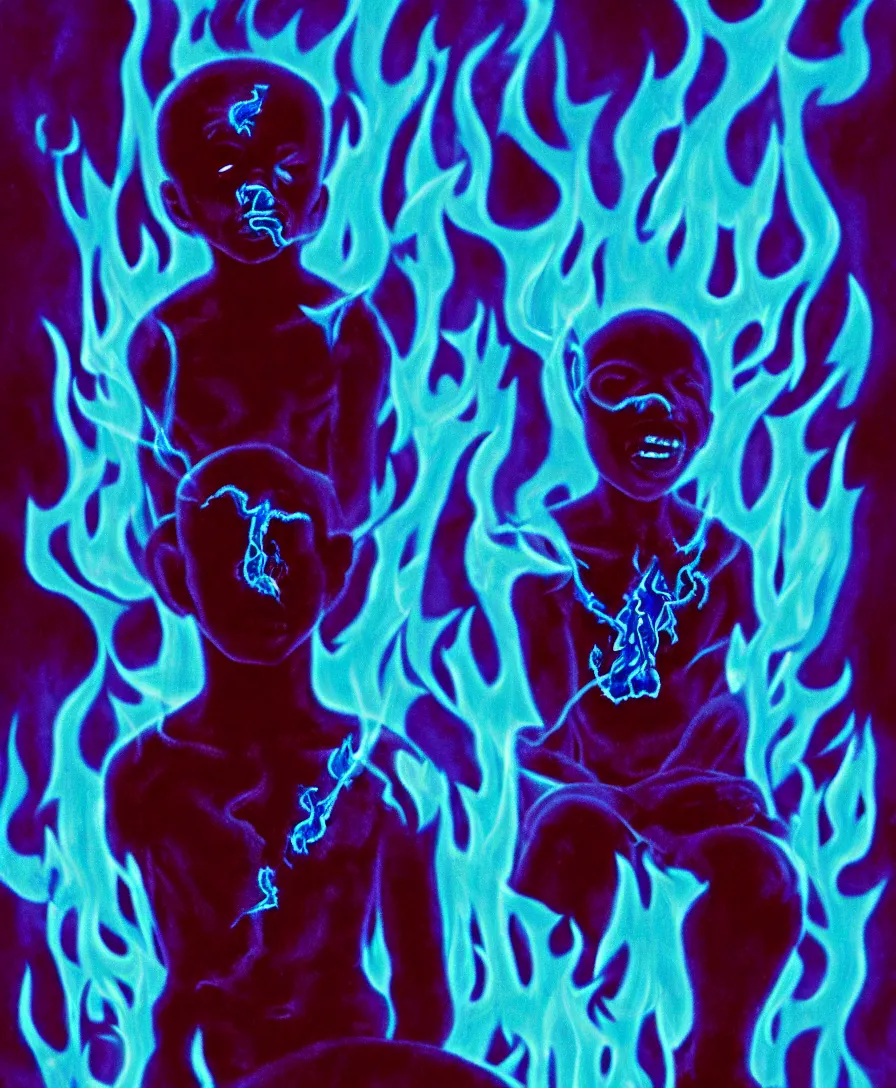 Prompt: a realistic photograph of a black boy left all alone in blue demon flames strangled by his thoughts, sitting in the middle of iridescent fungal, extremely detailed, 8 k