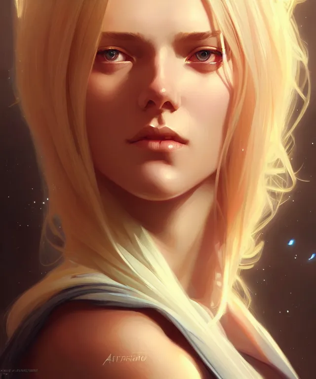 Prompt: blonde girl portrait, sci-fi face, elegant, highly detailed, digital painting, artstation, concept art, smooth, sharp focus, illustration, art by artgerm and greg rutkowski and alphonse mucha