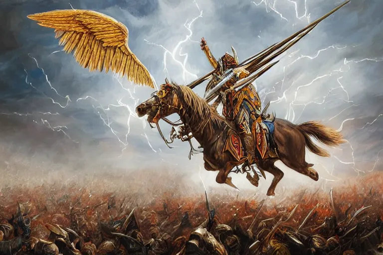 Prompt: Majestic powerfull big white wings Winged Hussars cavalry horde charging at ugly colour demons and trolls on ground, huge golden cross above them on the sky, wings lightning bright from heavens, blood, snow, wide angle, thunders, magic, dramatic lighting, intricate, wild, highly detailed, digital painting, artstation, concept art, smooth, sharp focus, illustration, art by artgerm and greg rutkowski and alphonse mucha, footage from space camera