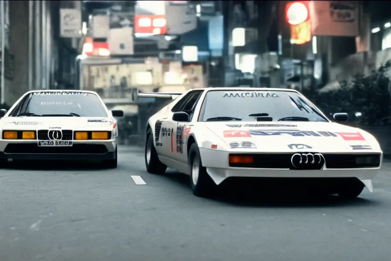 Image similar to single racecar 1 9 7 8 audi quattro, bmw m 1, movie still, vintage footage on tokyo streets, volumetric lighting, f 8 aperture, cinematic eastman 5 3 8 4 film