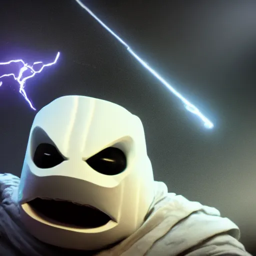 Image similar to a marshmello as palpatine attacking splash art, movie poster, cinematic lighting, detailed face, dramatic, 8 k render in mudbox, shallow depth of field