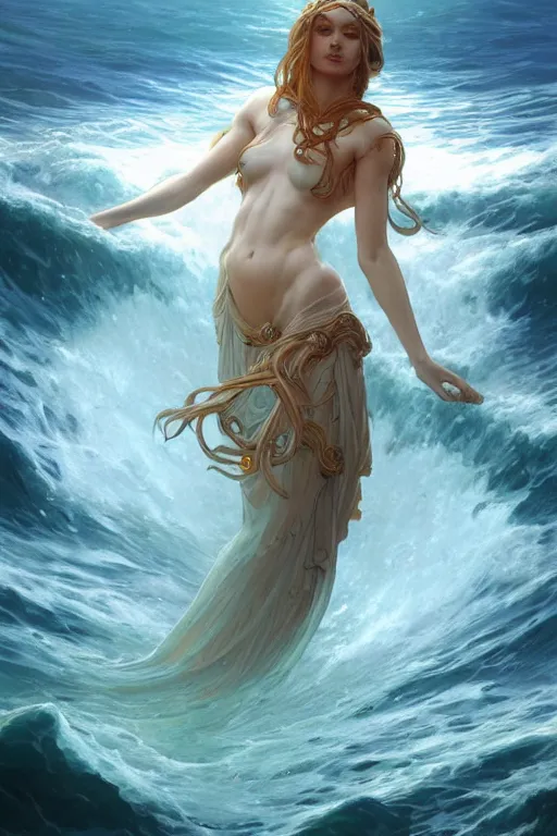 Image similar to goddess of the ocean, accurate anatomy, only two hands, highly detailed, digital painting, artstation, concept art, smooth, sharp focus, illustration, Unreal Engine 5, 8K, art by Artgerm and greg rutkowski and alphonse Mucha