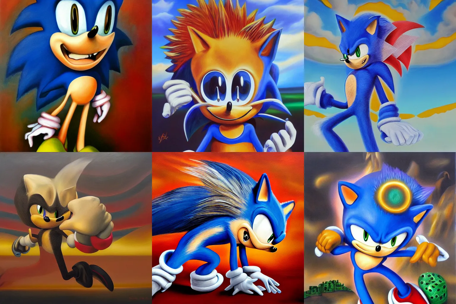 Prompt: Sonic the Hedgehog, surrealist, oil painting, 4k, Salvador Dali