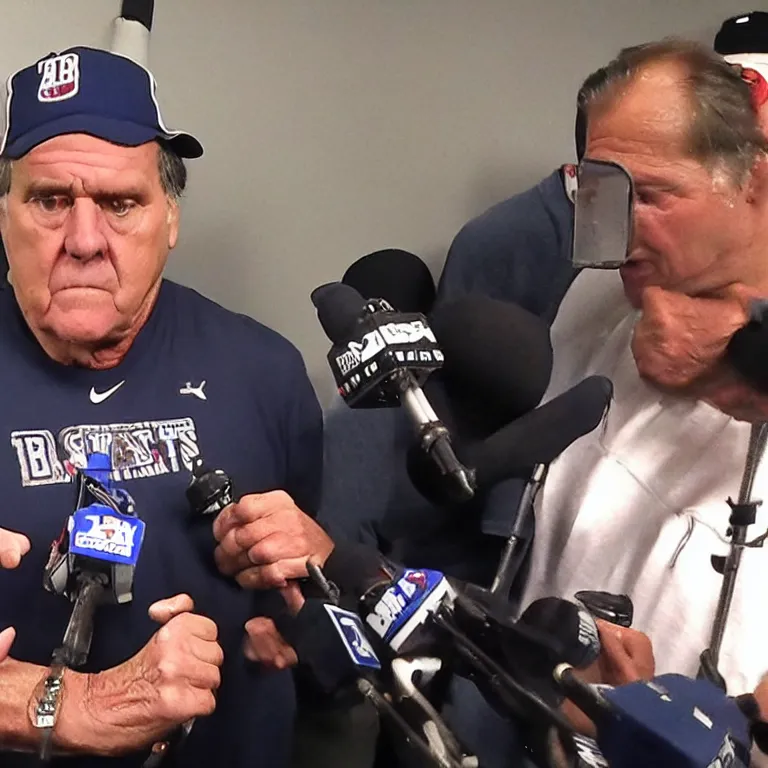 Image similar to Coach Belichick with a ripped physique answering questions from the media about steroid use