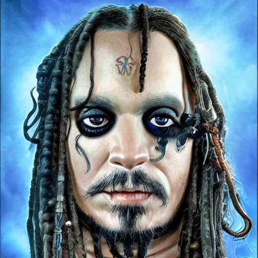 Image similar to a hyperrealistic illustration of Captain Jack Sparrow as Davy Jones, Davy Jones with Tentacles, Face hybrid of Davy Jones and Jack Sparrow, symmetrical face