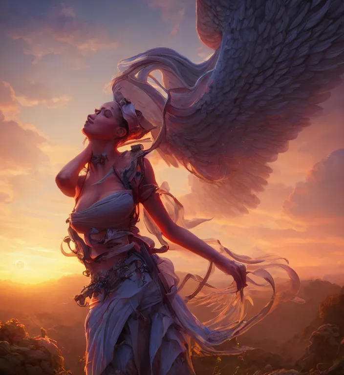 Image similar to centered waist up portrait photography an angel + bokeh + DOF + 8k, photorealistic + rendered in unreal engine + colors and composition by Peter Mohrbacher + line work by Dan Mumford , ultra realistic + backlit + strong rimlight, sunset + HDRI, HD, Photoreal