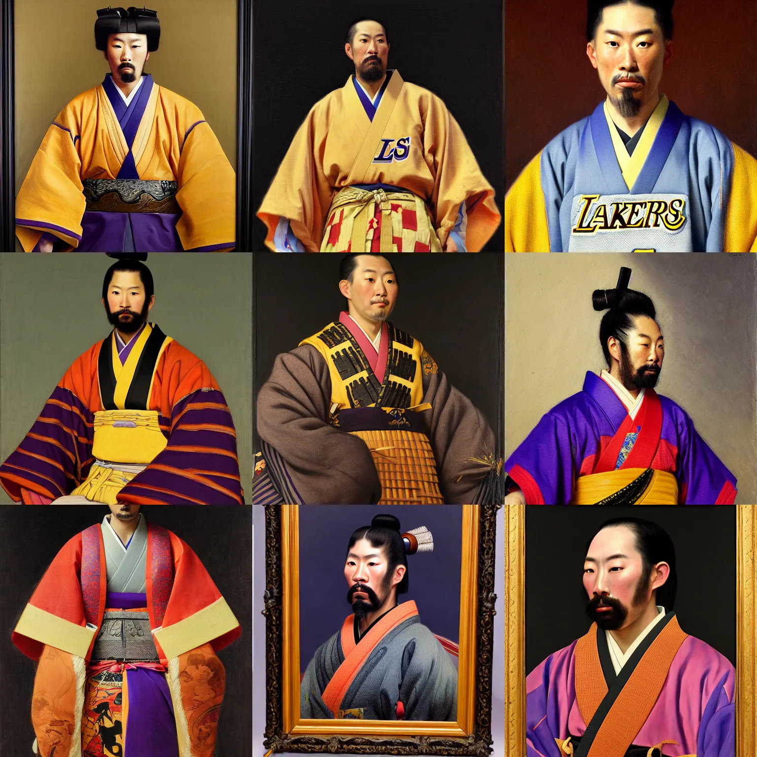 Prompt: portrait of a samurai of the, los angeles lakers themed kimono, oil on canvas by william sidney mount, 1 8 8 8 digital art