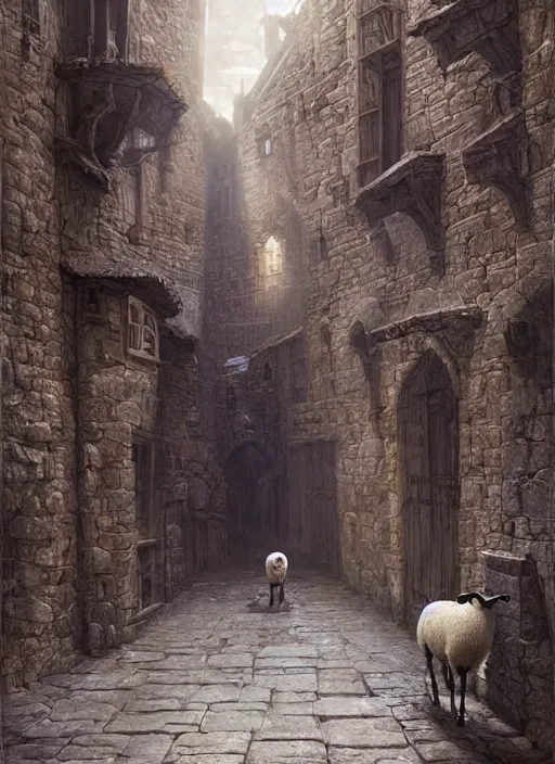 Image similar to portrait of a sheep standing in a medieval street, highly detailed, fantasy, godrays, cinematic lighting, close up, volumetric, realistic, digital art by greg rutkowski