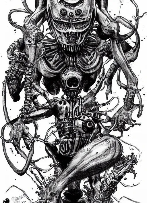 Prompt: a big headed alien with five arms holding revolvers, by takehiko inoue and kim jung gi, masterpiece ink illustration