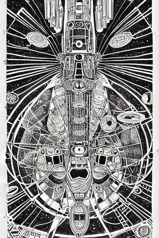 Image similar to a black and white drawing of an international space station, bioluminescence, a detailed mixed media collage by eduardo paolozzi and ernst haeckel, intricate linework, sketchbook psychedelic doodle comic drawing, geometric, deconstructivism, matte drawing, academic art, constructivism