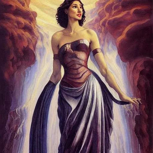 Image similar to Full body oil painting of the beautiful woman Gal Gadot, she is wearing a peplos and a surreal ornate, her hair is natural disheveled, she is approaching heaven over the clouds, naturalism, dramatic lighting, high-detailed oil painting by Ilya Repin, Michelangelo da Caravaggio, William Blake, Alex Grey and Beksinski, trending on Artsation, hystorical painting, naturalism, masterpiece, 4k, 8k,