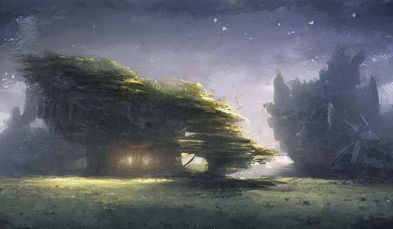 Image similar to A serene landscape with a singular building in the style of Christophe Young.