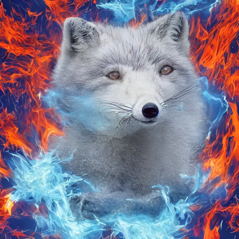 Prompt: surrealistic arctic fox surrounded by fire and ice and destruction in the center of world photorealistic hyperrealistic symmetrical detailed fractal