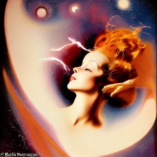 Prompt: Sculpture. paralyzed by the indescribable beauty of the cosmos. by Rolf Armstrong spirited, lively