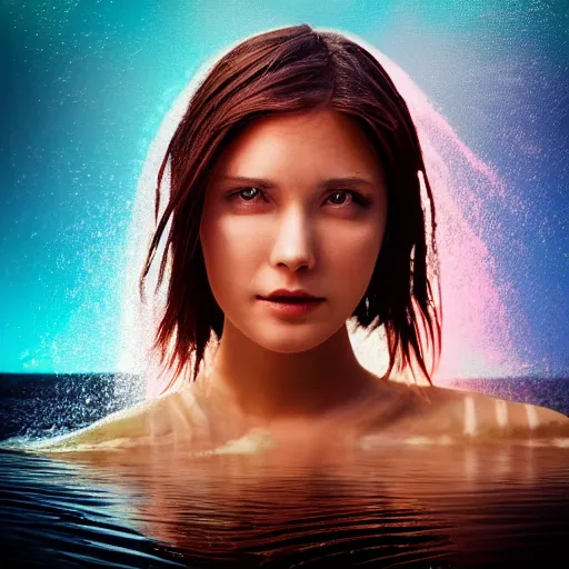 Image similar to water artwork manipulation in the shape of a beautiful human female head, on the ocean water, futuristic, glowing, gradient, hyper realistic, ray tracing, realistic water, sharp focus, long shot, 8 k resolution, cinematic, photoshop water art