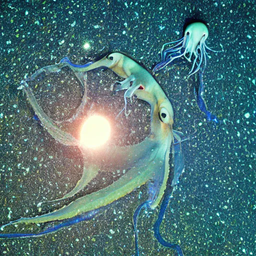 Image similar to ` https : / / en. m. wikipedia. org / wiki / squid # / media / file % 3 asepioteuthis _ sepioidea _ ( caribbean _ reef _ squid ). jpg `, celestial cuttlefish in space envelopes a solar system, scientific photography