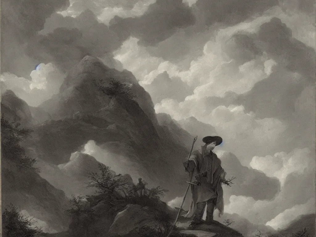 Image similar to a man in a grey cloak and brimmed hat with a staff travelling trough the forest and mountains looking at the clouds in the style of neo-romanticism