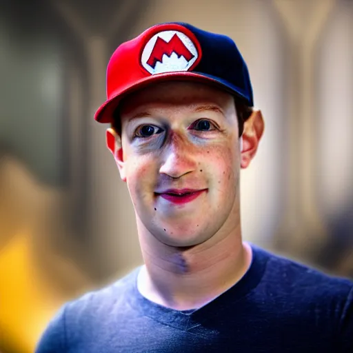 Prompt: mark zuckerberg wearing super Mario hat, professional photo, dramatic lighting