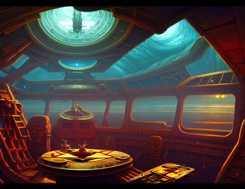 Prompt: interior view in the captain's cabin of a flying ship, d & d spelljammer fantasy art, artstation contest winner, beautiful digital painting in the style of dan mumford, art by kev chan, volumetric lighting, concept art, speedpainting, fantasypunk, deep colors, cgsociety, by gerald brom