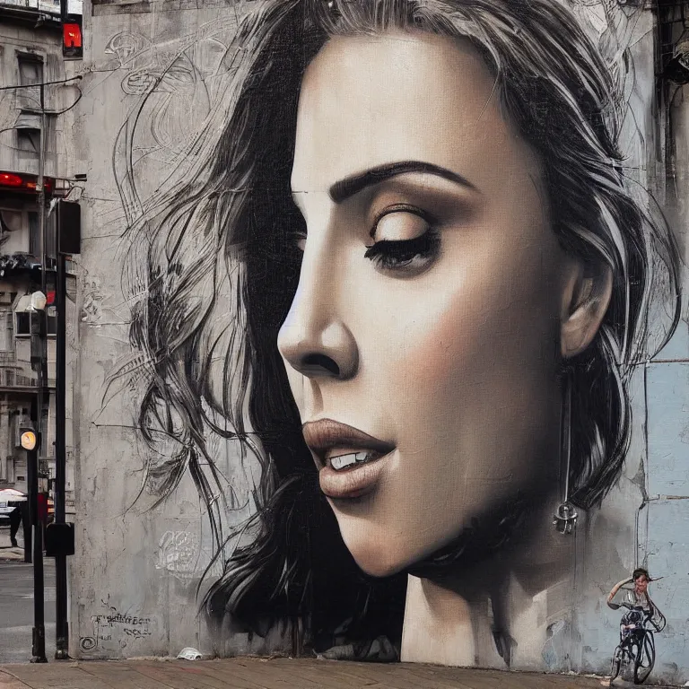 Image similar to Detailed street-art portrait of Scarlett Ingrid Johansson in style of Eduardo Korba, detailed face, high quality