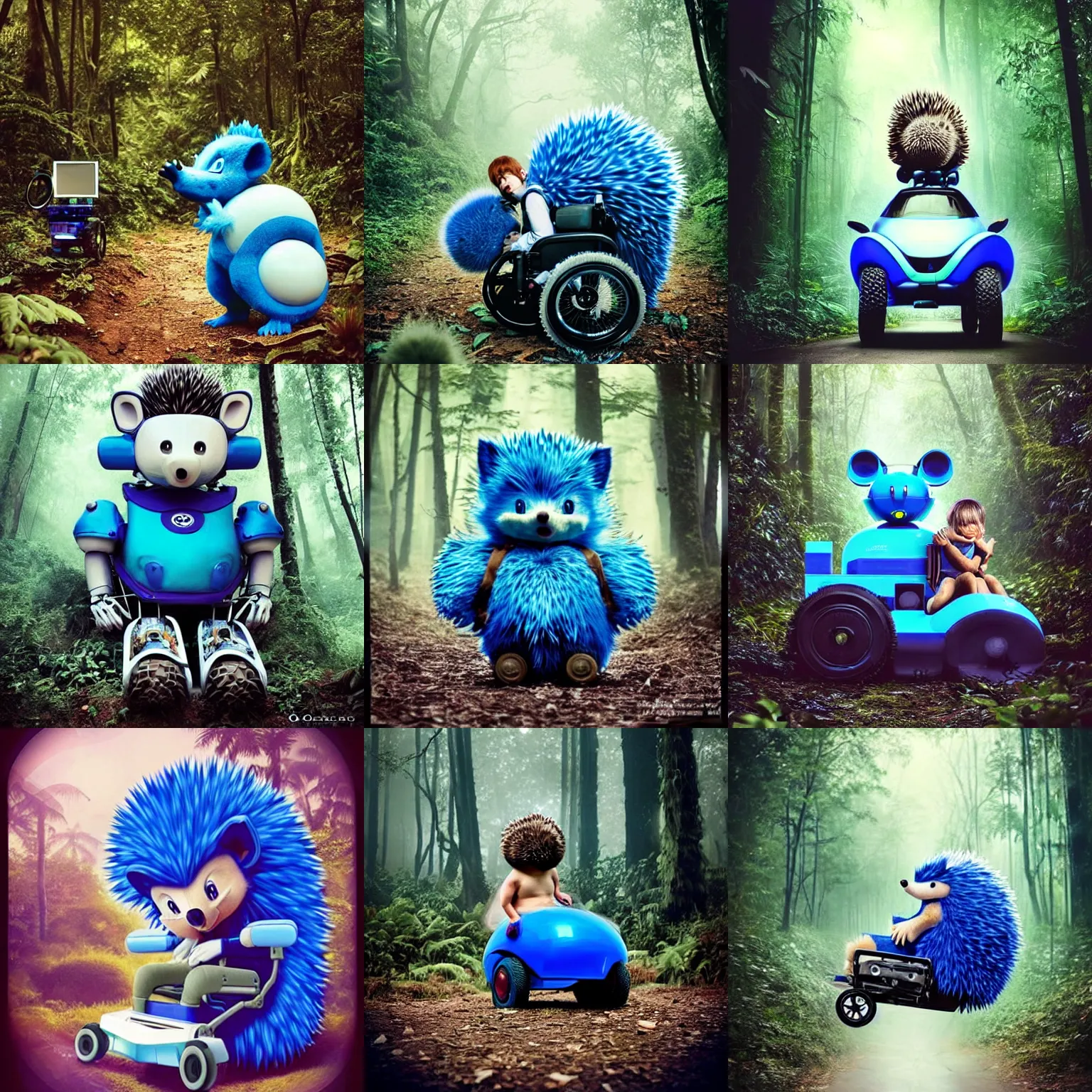 Prompt: asthetic! epic pose!!! giant oversized battle blue hedgehog robot chubby mech baby sport wheelchair! double decker with giant oversized hair and hedgehog babies ,in deep jungle forest , full body , Cinematic focus, Polaroid photo, vintage , neutral dull colors, soft lights, foggy mist , by oleg oprisco , by thomas peschak, by discovery channel, by victor enrich , by gregory crewdson