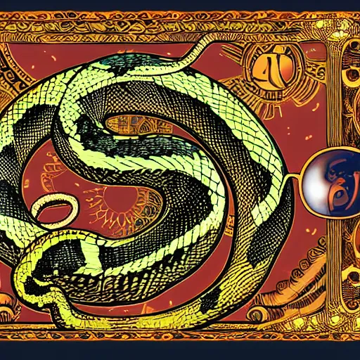 Prompt: a snake biting itself in the center of a tarot card, intricate details in the frames, 4k, high quality render.