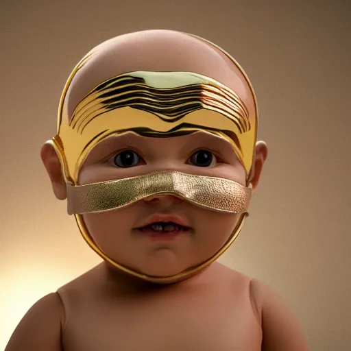 Image similar to a high tech 3 d rendering of a a baby cherub angel wearing a balaclava face mask, ski mask, face covered, covered face, fixed eyes, tattoos, multiple gold cuban chain necklace, concept art octane render, blender, cinema 4 d