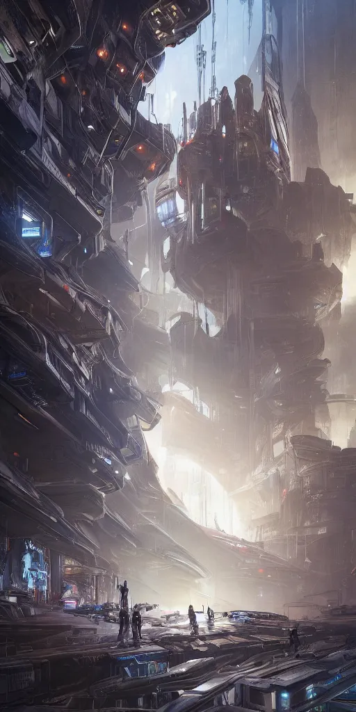 Prompt: a futuristic exterior mass effect and bladerunner building under ground, built inside large tower rocky cliffs, multi - layer, large pipes, metal cladding wall, intricate wires, some stalls, back alley, intricate bridges between buildings, some floating billboards, backlit, shadow play, by eddie mendoza, syd mead