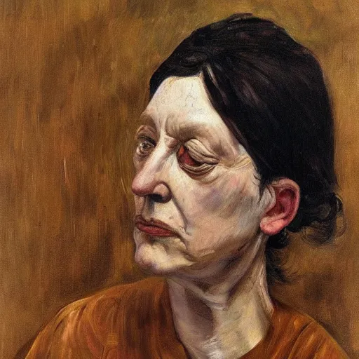 Image similar to Oil painting Portrait of a sad Woman, by Lucian Freud, Abstract brush strokes, Masterpiece