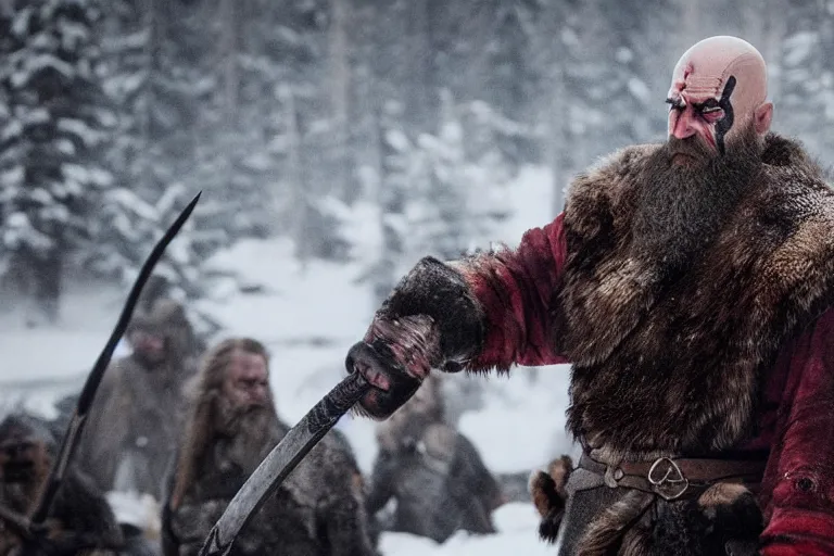 Prompt: vfx movie tough bald man in furs, natural grizzled skin, streaks of red face paint grey beard, dual wielding detailed viking war axes, in snowy tahoe, god of war by emmanuel lubezki