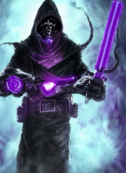 Prompt: An epic fantasy comic book style portrait painting of A dark hero with a ninja outfit, wearing a black hood and a black cape and a metal gas mask, wearing futuristic purple neon glasses. He is squating in the edge of a gothic building in a cyberpunk neon city with two purple energy sabers in hands. It's a misty night. Unreal 5, DAZ, hyperrealistic, octane render, cosplay, RPG portrait, dynamic lighting