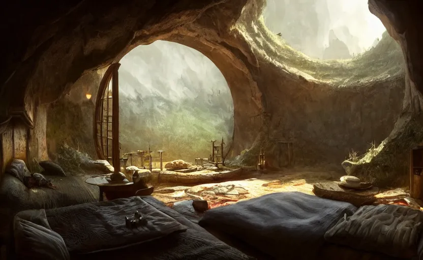 Prompt: painting of a series of living quarters overlooking communal area of a hidden, cozy ring - shaped complex carved inside a mountain, cozy bed, well maintained, clean, medieval, fantasy genre, natural light, fantasy, natural light, concept art, by greg rutkowski and craig mullins, cozy atmospheric and cinematic lighting, trending on artstation