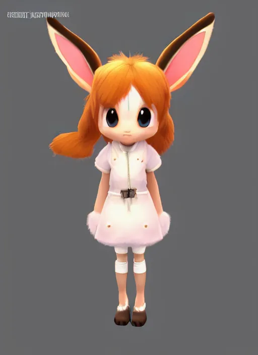 Image similar to female eevee mini cute girl, character adoptable, highly detailed, rendered, ray - tracing, cgi animated, 3 d demo reel avatar, style of maple story and zootopia, maple story eevee, fluffy, dark skin, cool clothes, soft shade, soft lighting, portrait pose