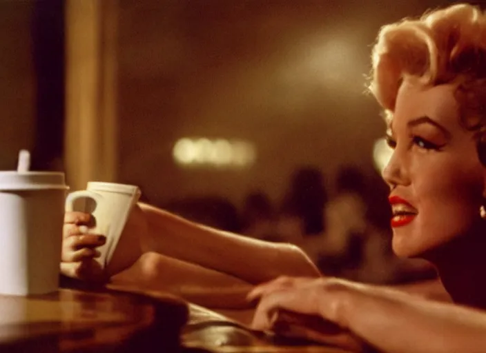 Prompt: A full-shot, color cinema film still of a marlin monroe drinking coffee at a starbucks, ambient lighting at night.